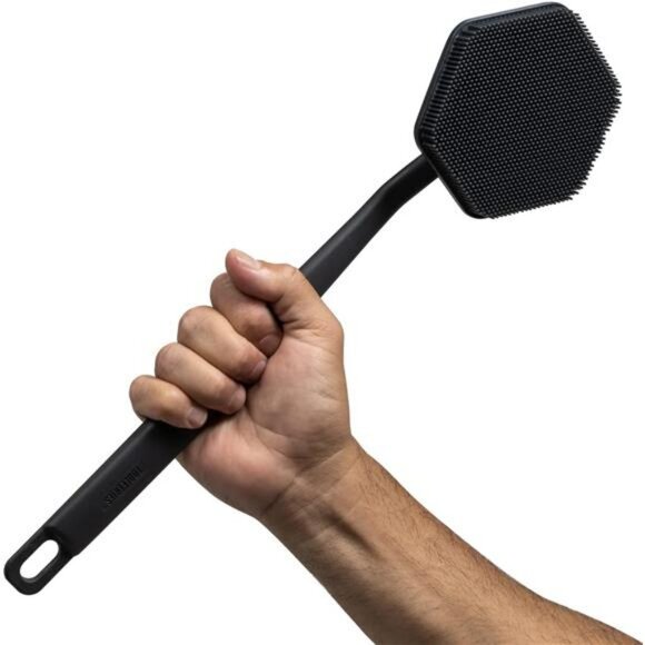 Mens Silicone Back Scrubber Exfoliating Shower Brush Long Handle Charcoal - Picture 1 of 7